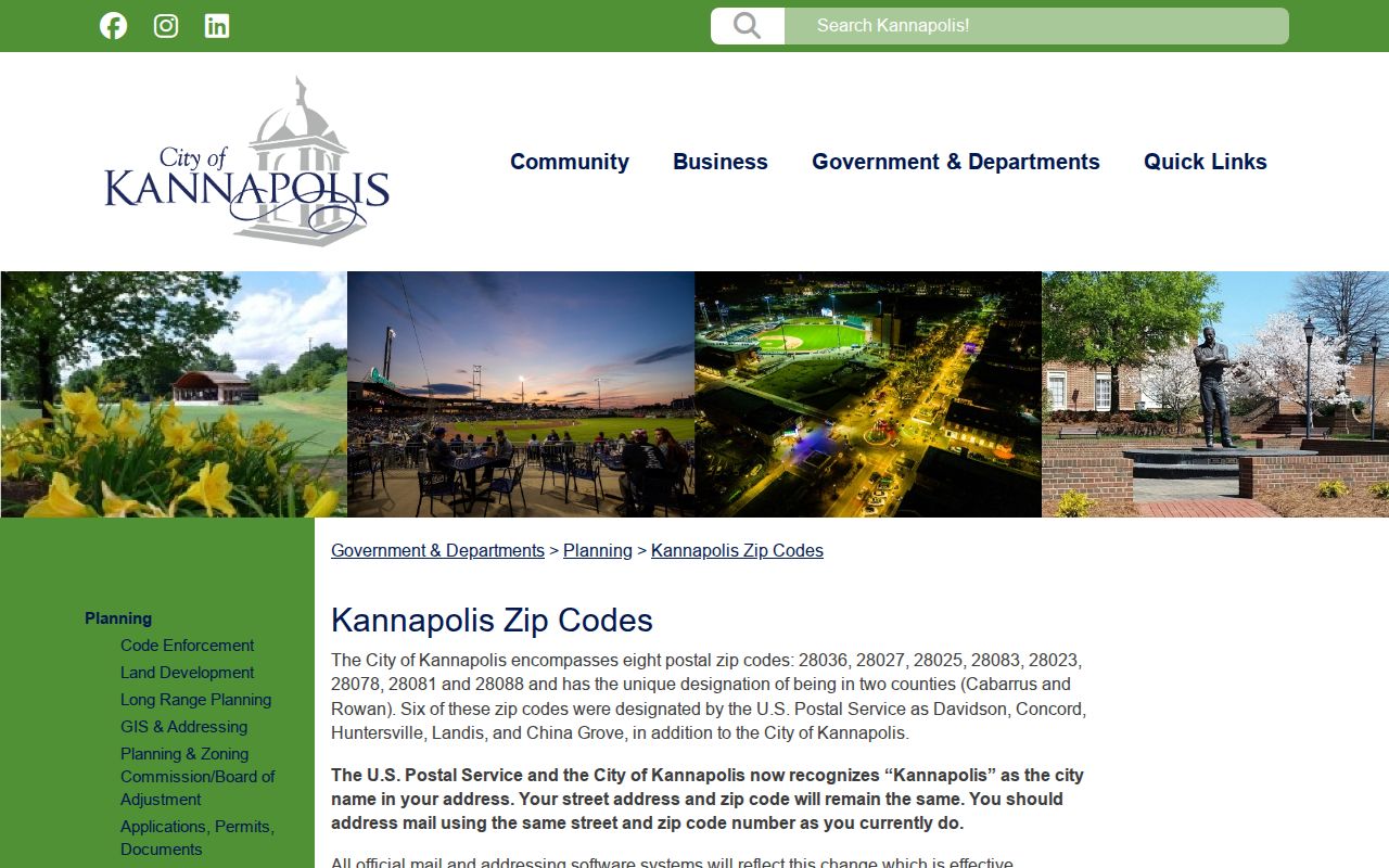 Kannapolis ZIP code directory view of city-published ZIP guidance